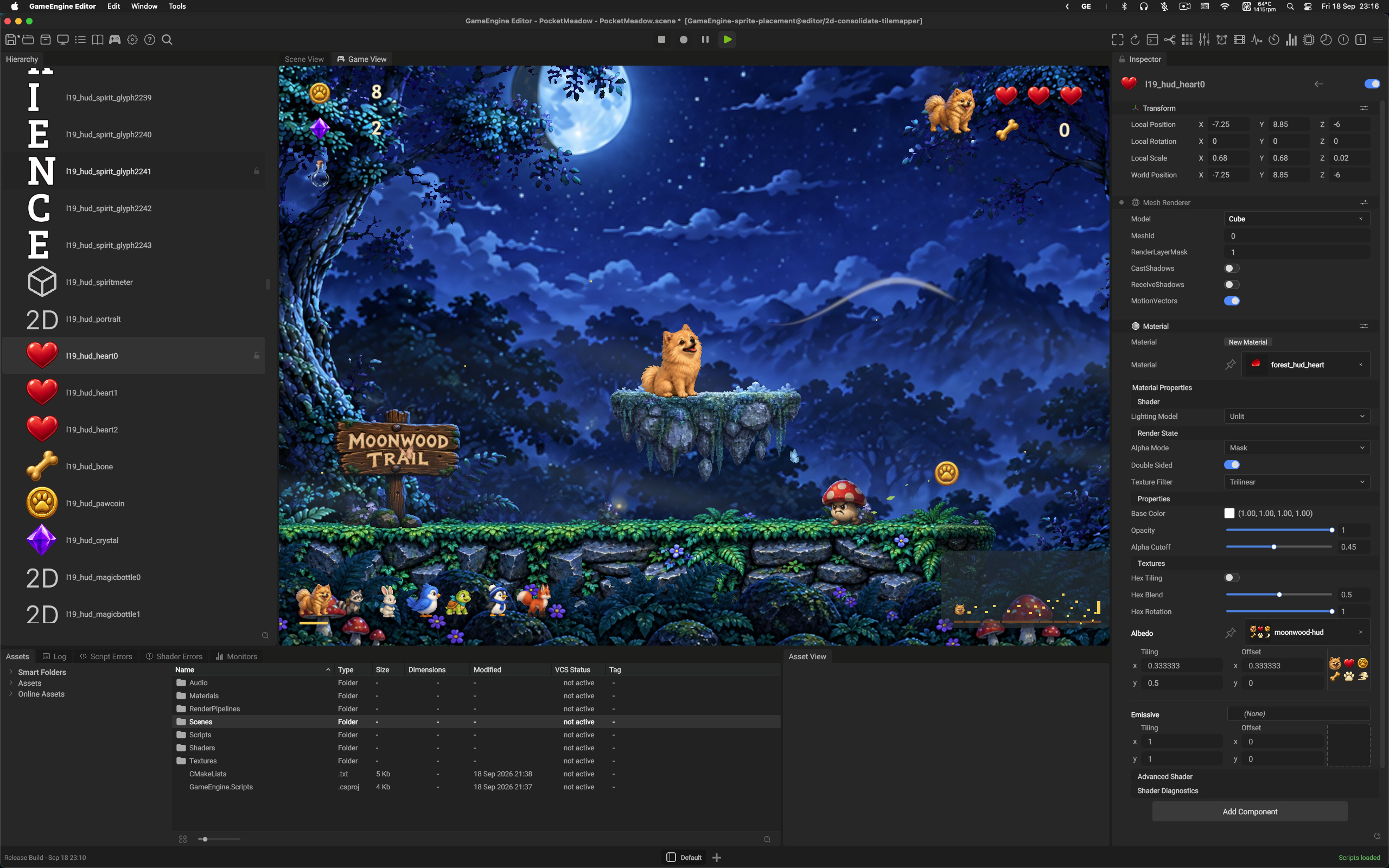 Secret Project night forest scene shown in the GameEngine Editor